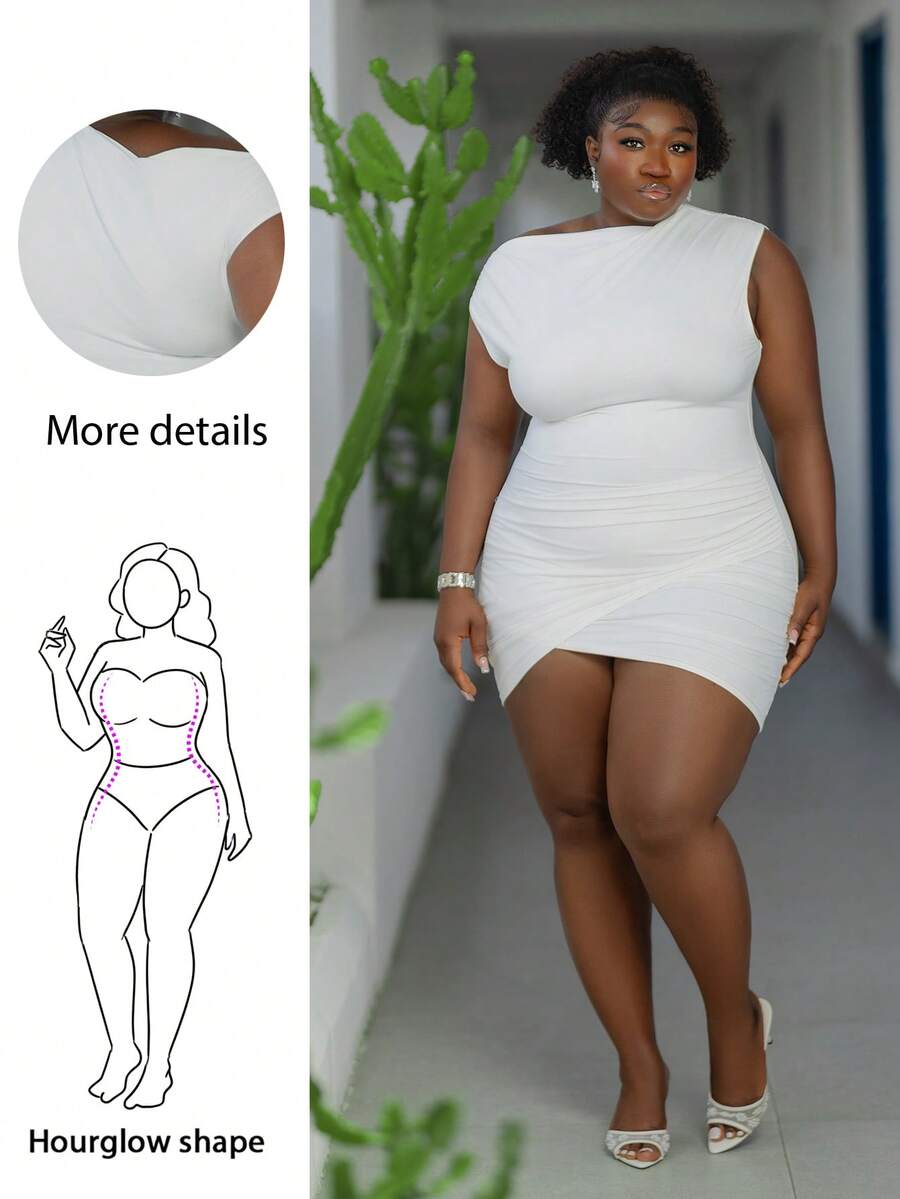CurvyTilda Spring/Summer New Elegant & Party & Date & Wedding Season & Graduation & Birthday & Evening & Family Dinner & Candlelight Dinner Slim Solid White Asymmetric Sleeveless Ruched Hem Elastic Knit Fabric Plus Size Mini Dress