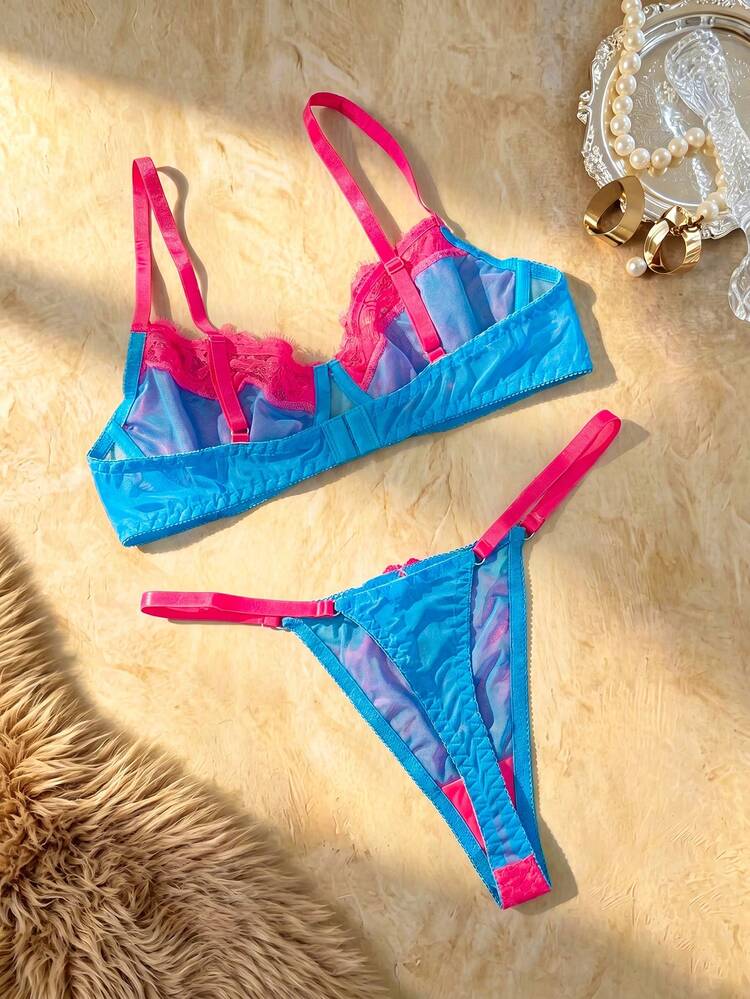 Bare Chapter 2pcs Women's Fashionable Lace Patchwork Lingerie Set - Hot Pink - View 2