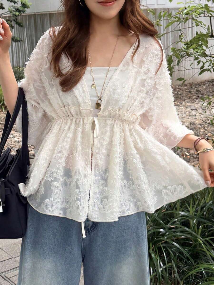 FRIFUL 女款蕾絲透視綁帶時尚法式風格夏季洋裝 - 杏色 - 查看 1
