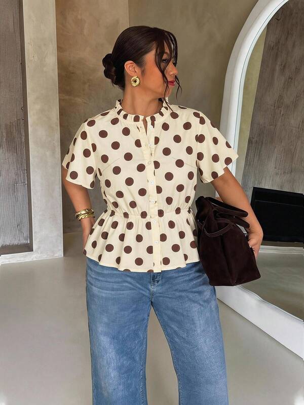 Firerie Plus Size Women's Polka Dot Pleated Casual Versatile Everyday Outing Shirt