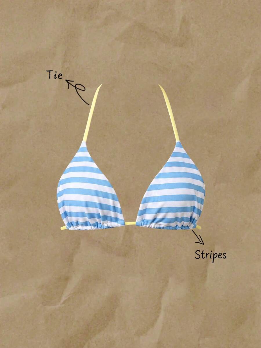 Elavelle Blue White Stripe Halter Bikini Top With Pale Yellow Trim - Multicolor - View 1