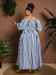 Maweii Robe élégante grande taille à épaules dénudées, blocs de couleurs rayé, manches lanternes et taille cintrée - Multicolore - Voir 7