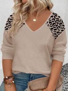 SHEIN LUNE Women's Autumn/Winter New Hot-Selling Leopard Print Round Fan Casual Versatile Plus Size T-Shirt Fall - Khaki - View 1