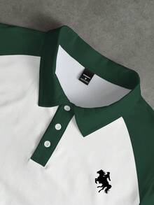 Manfinity Hypemode 男士經典條紋綠色與白色拼接馬標 Polo 衫，附領口與鈕扣，夏季必備 - 彩色 - 查看 5