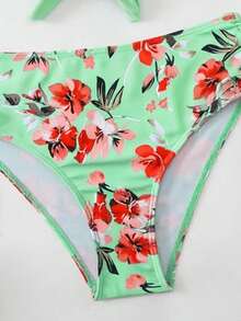 SHEIN Swim Swim Lushoire 女士成熟時尚性感泳衣兩件套，青藍孔雀綠前綁帶純色比基尼上衣搭配植物印花短褲，夏季海灘度假風 - 薄荷綠 - 查看 7