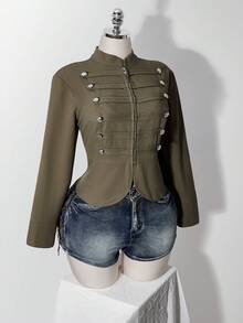 SHEIN ICON 女款大尺碼街頭時尚長袖拉鍊雙排扣夾克 - 軍綠色 - 查看 9
