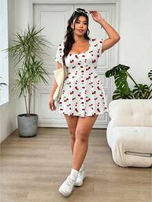 Solflare Women's Plus Size Cherry Pattern Square Neck Casual Jumpsuit - Multicolor - View 5