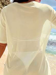 Swim Vcay 女款純色圓領短袖寬鬆度假罩衫洋裝 - 淡黃色 - 查看 2