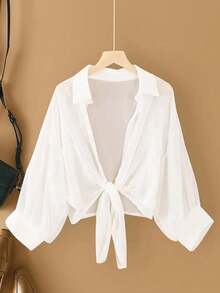 INAWLY New Bat Wing Short Casual Chiffon Shawl Solid Color Blouse For Women ,Petite Women - White - View 3