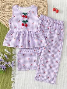SHEIN Vintaside Kids 少女新款清新甜美藍白格紋櫻桃印花無袖上衣 3D鉤編櫻桃裝飾 + 寬鬆寬腿長褲 2件套，適合日常休閒海灘度假，夏季 - 紫色 - 查看 7