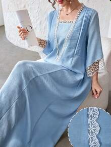 Yasmyna 柔美風蕾絲拼接百褶長袖寬鬆顯瘦喇叭袖優雅少女感女款約會洋裝 - 藍色 - 查看 4