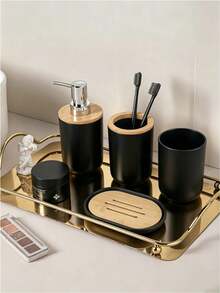 4Pcs Luxury Bathroom Accessory Set, Bamboo & Plastic Organizer With Lotion Bottle, Toothbrush Holder, Mouth Cup & Soap Dish, Ideal For Home Decor, Birthday, Housewarming & Holiday Gifts - multicolor - View 5