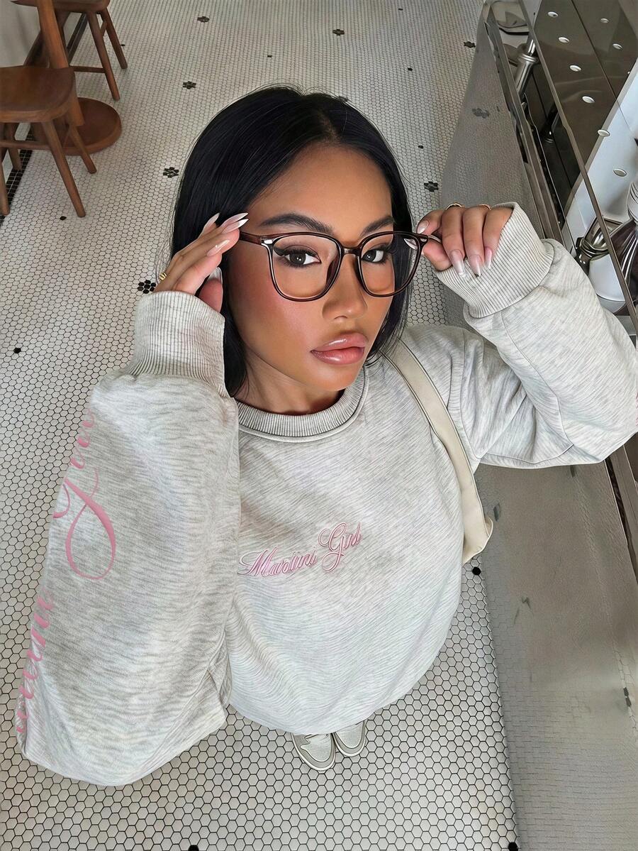 Muchica Light Grey Knit Sweatshirt With Embroidery Design, Women's Pullover, Y2K Grey Sweatshirt - Light Grey - View 1