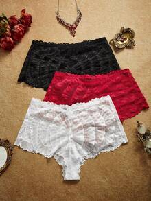 PinupPomp Plus Size Vintage Court Style Wavy Lace Patchwork Panties 3-Pack - Multicolor - View 1