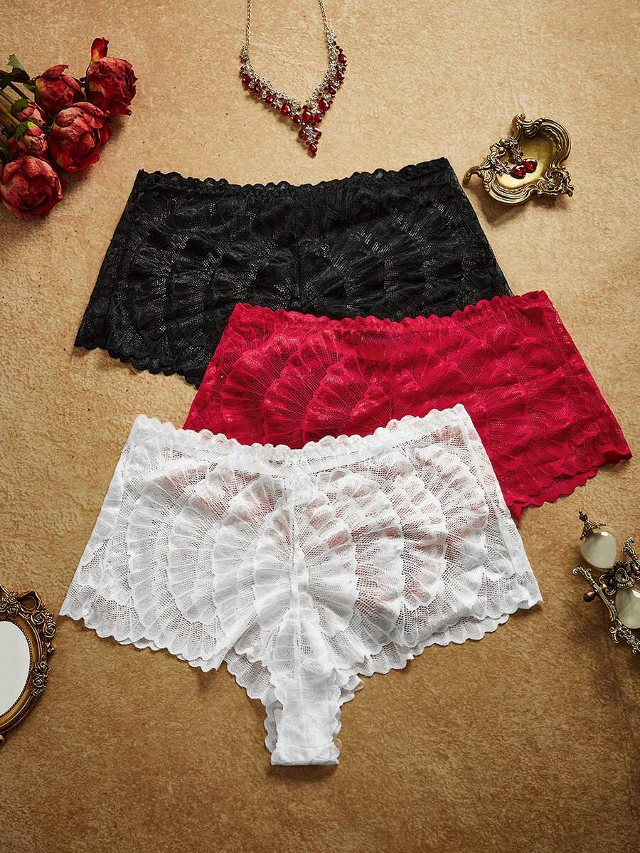 PinupPomp Plus Size Vintage Court Style Wavy Lace Patchwork Panties 3-Pack - Multicolor - View 1