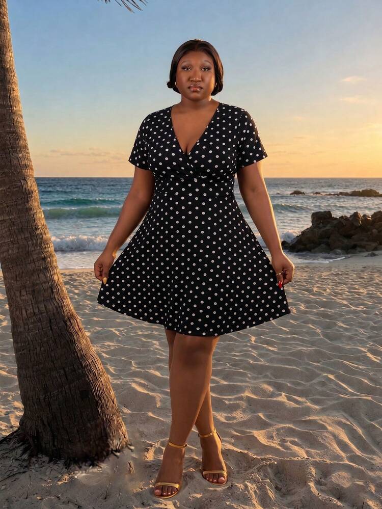 a line dress plus size pattern CurvyTilda Women's Knitted Polka Dot Short Sleeve A-Line With Cinched Waist, For Summer Vacation Elegant Black 44 Waist Petite Friendly Washable Stretch Silk High Size:US22