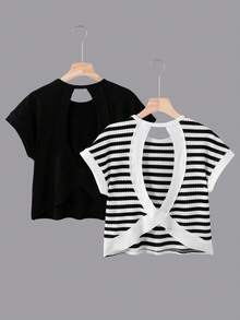 SHEIN KIDS KIDS 青少年女孩 2件套 背後交叉鏤空短袖T恤與圓領落肩上衣，純色/條紋休閒極簡風女裝，夏季日常街頭穿搭通勤套裝，小眾設計短版上衣 - 黑與白 - 查看 2