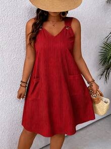 Linhara CURVE Plus Size Women's Striped Dual Pocket Casual Sleeveless Dress - Red - View 4