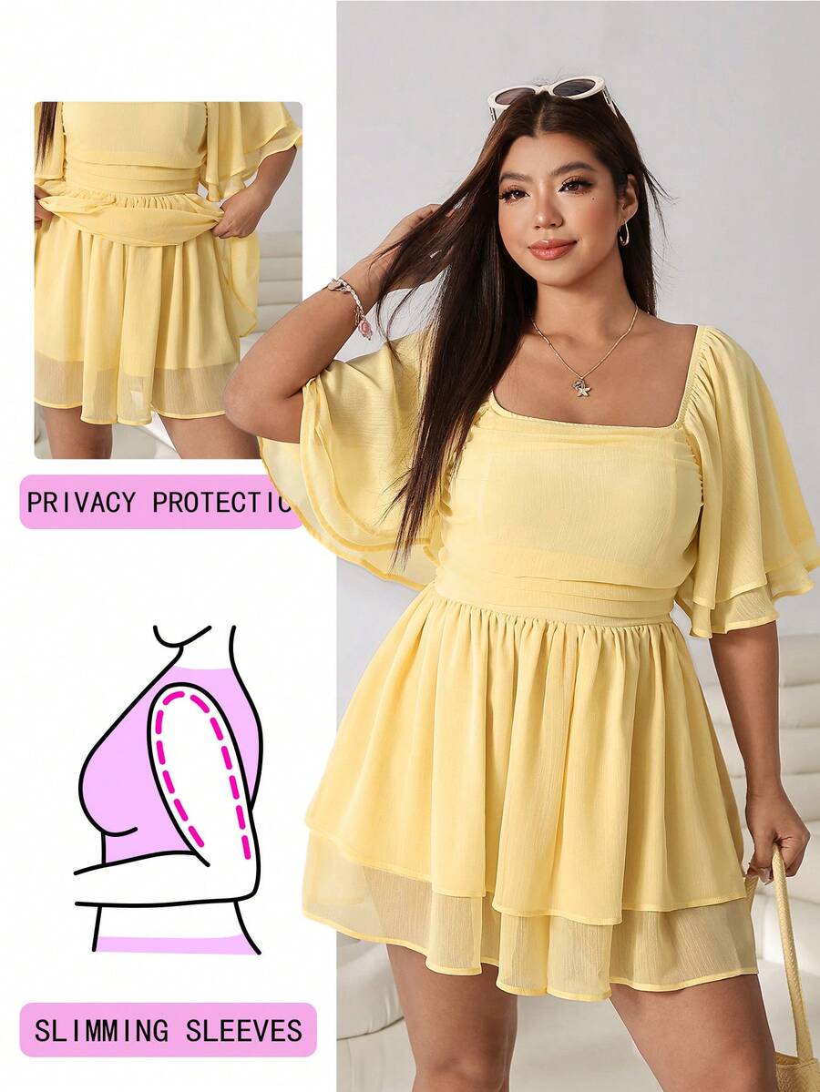 Solflare Plus Size Solid Color Shirred One-Piece Short Romper Dress For Vacation - Yellow - View 1