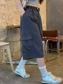 DAZY 女款純色寬鬆七分褲口袋休閒街頭風牛仔褲 春秋夏季日常深灰色校園風 - 深灰色 - 查看 3