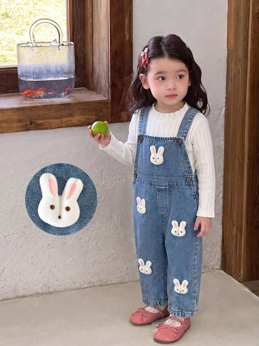 SHEIN Vintaside Kids 2pcs Baby Girl Spring/Autumn Cute Rabbit Outfit, White Ribbed Crew Neck Long Sleeve Bodysuit, Paired With Washed Denim Overall Pants, 3D Rabbit Patch - Blue - View 1