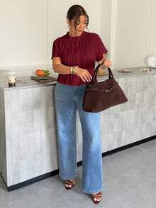 Firerie Plus Size Women Solid Color Pleated Short Sleeve Single-Breasted Shirt Formal Office Burgundy Summer Elegant - Burgundy - View 6