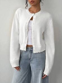 SHEIN Teen Girl Casual Versatile Solid Color Cardigan Back-To-School Graduation White Autumn - White - View 5
