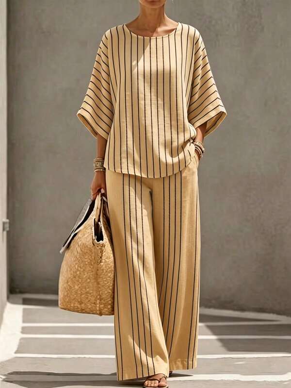 SHEIN Holidaya French Relaxed Style Striped Bell Sleeve Two Pieces Set - Summer Vacation Slimming Loose Sheer Top & Wide Leg Pants Outfit