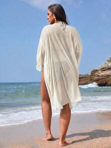 Swim Vcay 女款大尺碼花卉印花開襟衫，寬鬆版型度假海灘和服外套 - 米色 - 查看 3
