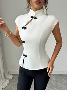 Elenzga Blusa Cheongsam de estilo chino nuevo para mujer, color albaricoque, de satén brillante de color liso, con cuello alto, manga corta, abertura en el cuello delantero, botones de rana en contraste con diseño de gota de agua, bajo con abertura, cintura ceñida, silueta pequeña en A, elegante francesa, vintage, formal, para oficina, desplazamientos, casual, playa, vacaciones, estilo minimalista, versátil, para té de la tarde, reuniones, ocio en casa, cómoda, para fiestas, primavera y verano, nueva blusa de verano - Albaricoque - Ver 7