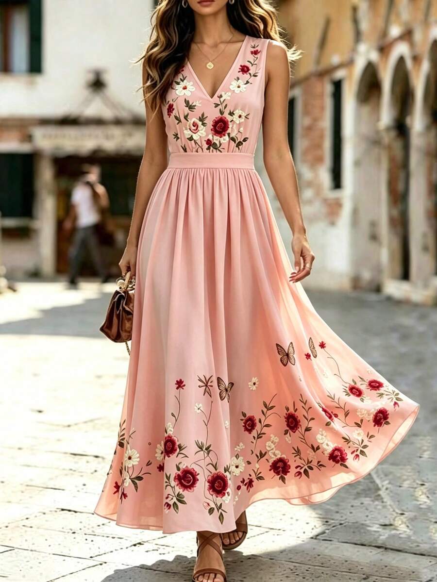 SHEIN 女士无袖印花连衣裙 - 粉色 - 查看 1