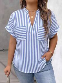 EMERY ROSE Plus Size Women's Striped Notch V-Neck Batwing Short Sleeve Blouse - Blue and White - View 1
