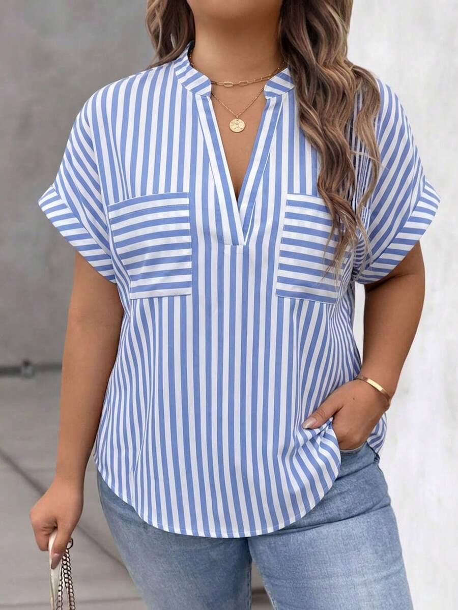 EMERY ROSE Plus Size Women's Striped Notch V-Neck Batwing Short Sleeve Blouse - Blue and White - View 1