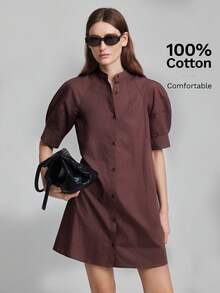 Ontre 2026 New All-Season Minimalist Fashion Elegant Casual Luxury Commute Vacation Party Wedding Outfit Knit Short Sleeve Round Neck Loose Button Brown Solid Color Women's Short Dress Versatile Slimming Heightening Elegant Daily Wear Commute Wear Work Wear Date Wear Fashion Wear Street Wear - Brown - View 3