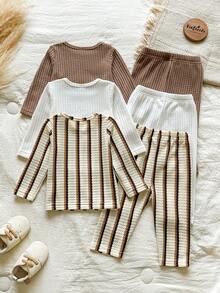 SHEIN Vintaside Kids 6件組男嬰休閒老錢風家庭套裝 華夫格素色棕色、米白色、巧克力棕圓領長袖上衣與長褲 秋季 - 彩色 - 查看 3