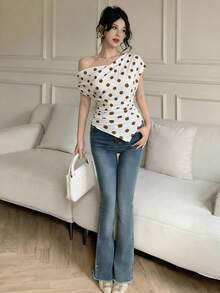 Celisse Women's Fashion Vacation Polka Dot Print Ruffle Asymmetric Hem T-Shirt - Khaki - View 3