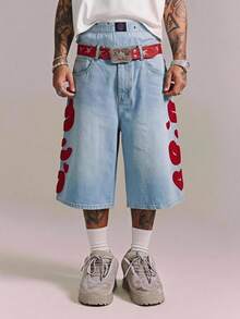 CRAVYNX Streetwear Retro Fashion Versatile Distressed Washed Heart & Lips Embroidery Design Loose Straight Leg Wide Leg Casual Summer Denim Shorts - Light Wash - View 3