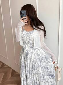 Feyla 女士春夏休闲度假风印花褶皱下摆吊带连衣裙和短款开衫两件套 - 白色 - 查看 4