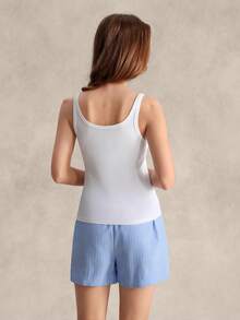EverLounge Women's Spring/Summer British Style Basic Minimalist White Ribbed Tank Top And Blue & White Striped Shorts Loungewear Set - Multicolor - View 2