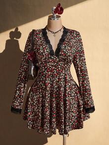 SHEIN ICON Plus Size Vintage 1960s Elegant Y2K Sexy V-Neck Lace Contrast Mesh Casual Floral Long Sleeve Dress Autumn Date Night Wedding Office Brown - Multicolor - View 2