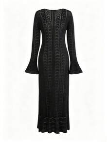 ROMWE Hippie Women's Faux Hand-Knitted V-Neck Fitted Long Sleeve Cardigan - Black - View 2