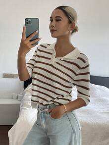 Livesso 女款棕色條紋白色 Polo 短袖套頭針織上衣，寬鬆休閒街頭通勤辦公針織衫，適合夏季秋季 - 卡其色 - 查看 5