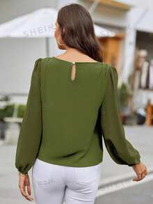 SHEIN LUNE Women's Solid Color Round Neck Lantern Sleeve Fashionable Elegant Blouse - Olive Green - View 2