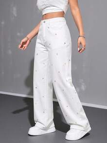 SHEIN ICON 女款休閒百搭日常牛仔褲，附口袋、鈕扣與花卉刺繡圖案 - 白色 - 查看 4