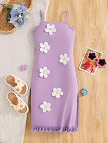 Emery Rose Kids Emery Rose Kids 少女3D立体花卉装饰休闲日常穿着吊带裙 - 紫色 - 查看 10