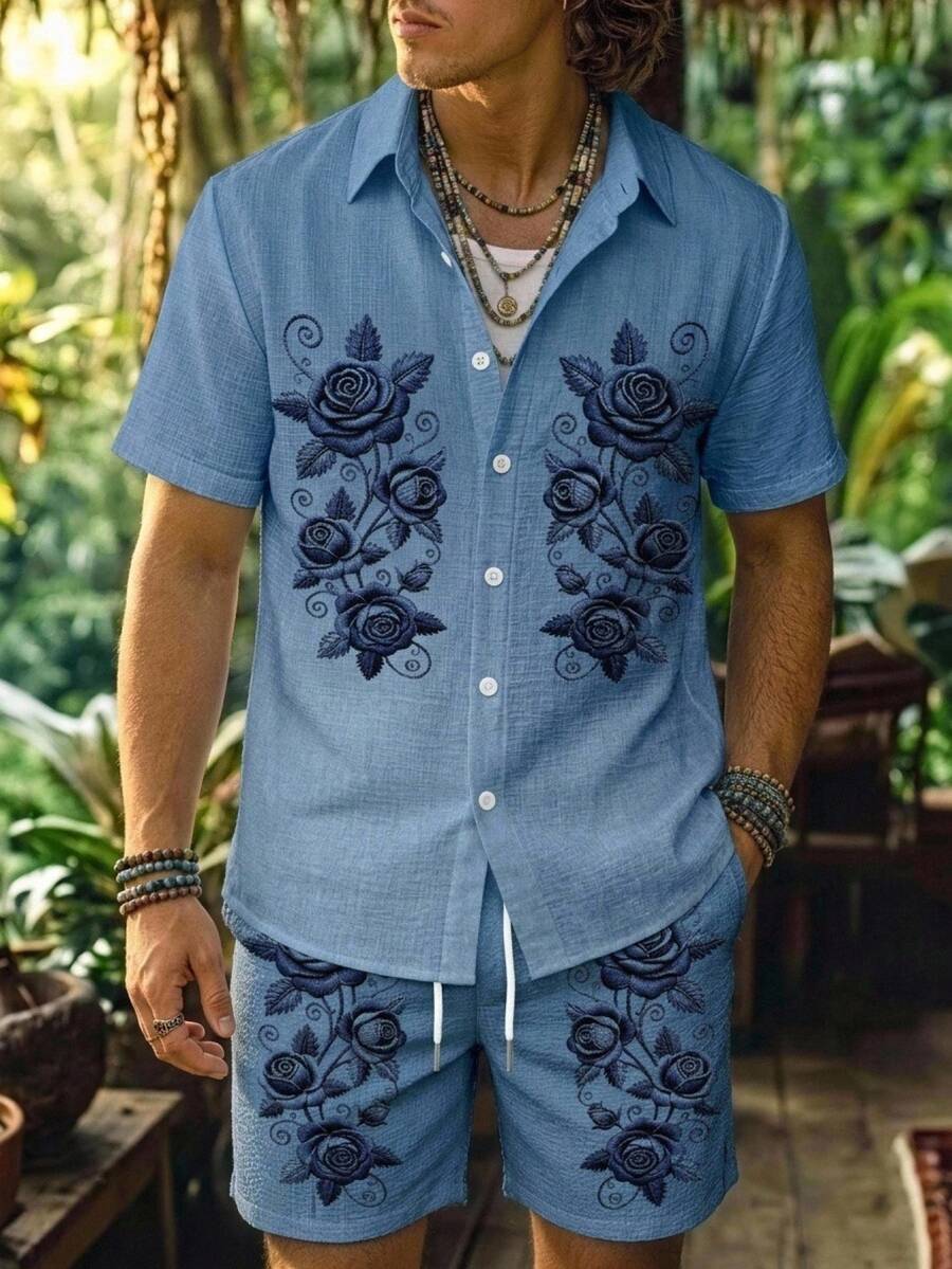 Alderstead Men Floral Button Up Shirt And Shorts Set, Outfit For Vacation, Beach, Parties, Daily Wear, Festival, Outdoor Gathering - Multicolor - View 1