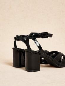 Rosivie Women's Square Toe Thick Heel PU Leather Criss-Cross Strap Design Fashionable Comfortable Daily Party Banquet Open Heel Solid Color Sandals - Patent leather, black - View 4