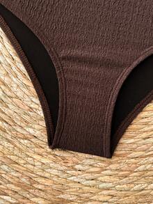 SHEIN Conjunto de 2 piezas de bikini de niña preadolescente con tirantes de espagueti y cuentas de unicolor - Marrón - Ver 6