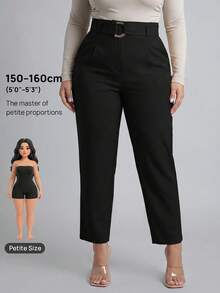SHEIN PETITE CURVE Plus Size Solid Color Minimalist Pleated Summer Casual Versatile Long Pants - Black - View 6
