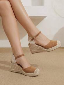 Styleloop Solid Color Gentle And Versatile Buckle Wedge Sandals - Coffee - View 7